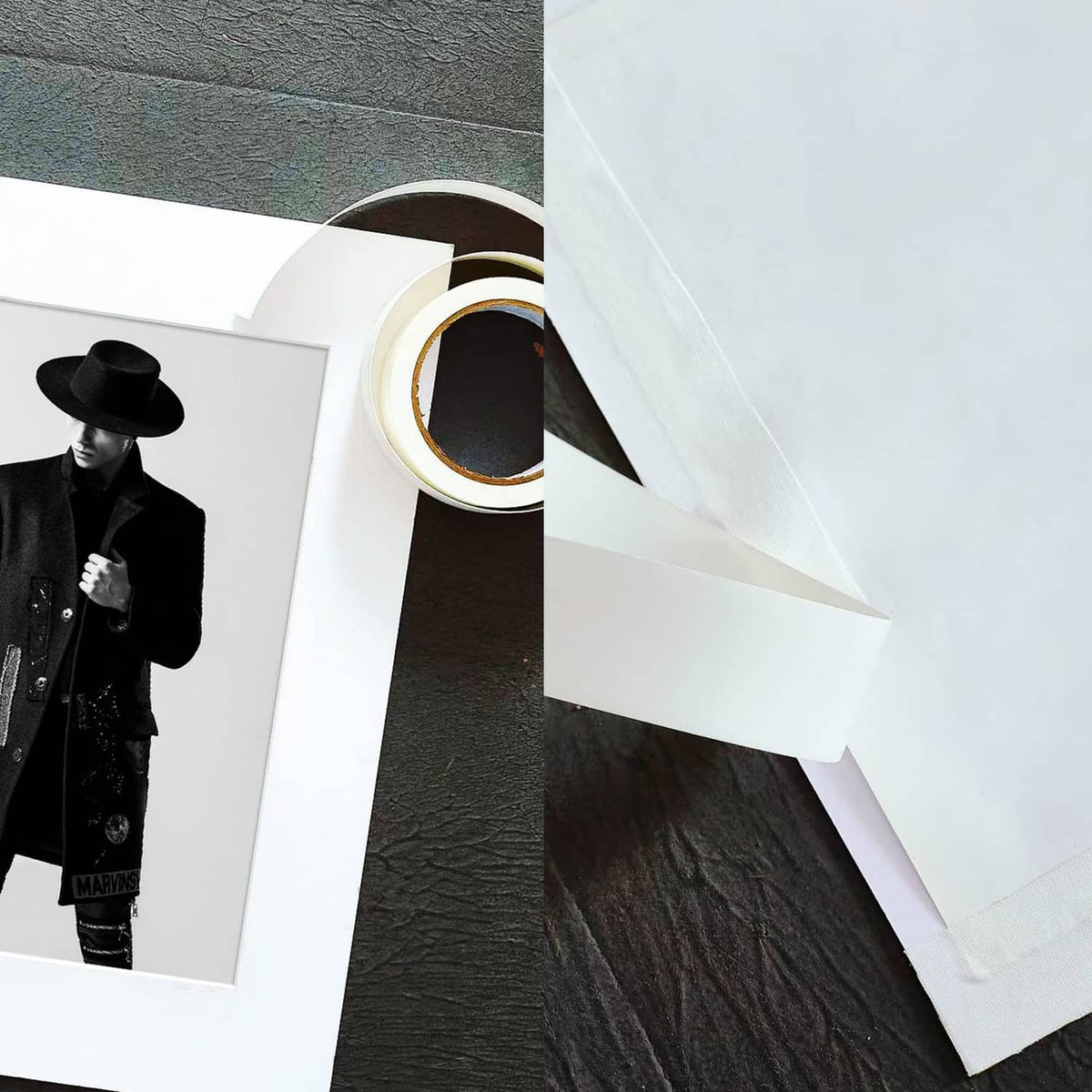White paper-friendly tape roll and strips on artwork prints