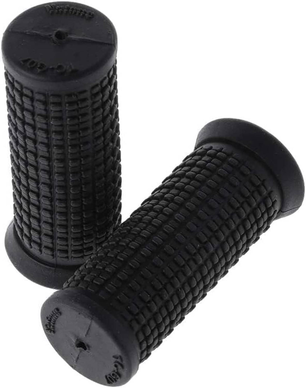 Two black bicycle handlebar grips joined angle view, textured rubber with end caps