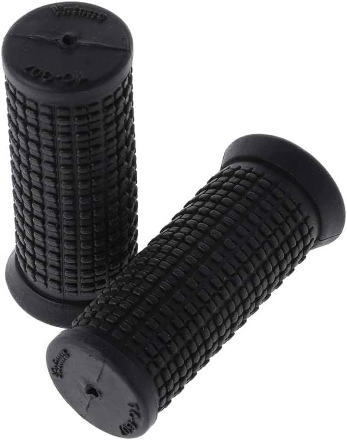 Two black bicycle handlebar grips joined angle view, textured rubber with end caps