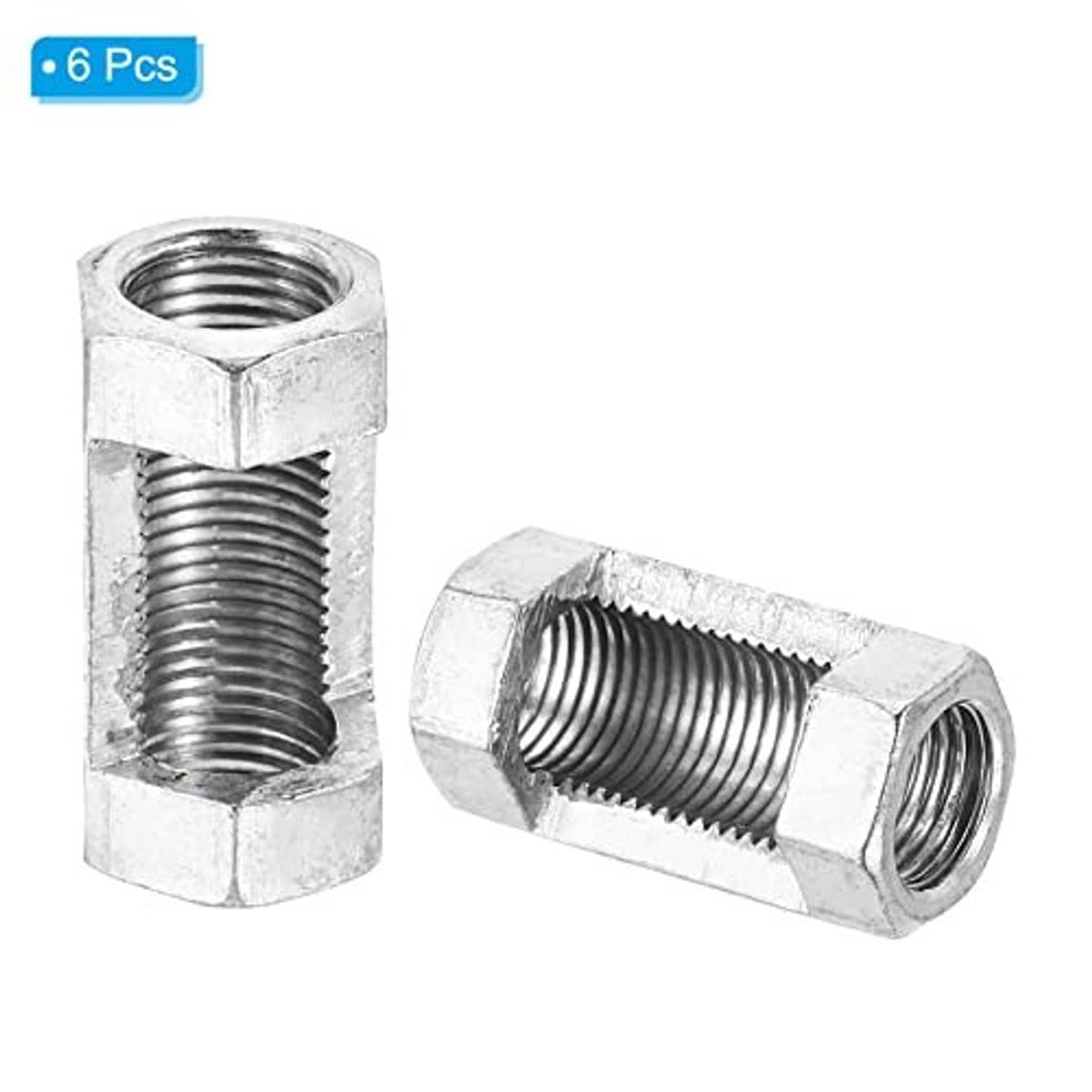 Pair view of zinc-plated hex coupling nuts, 6 pieces shown