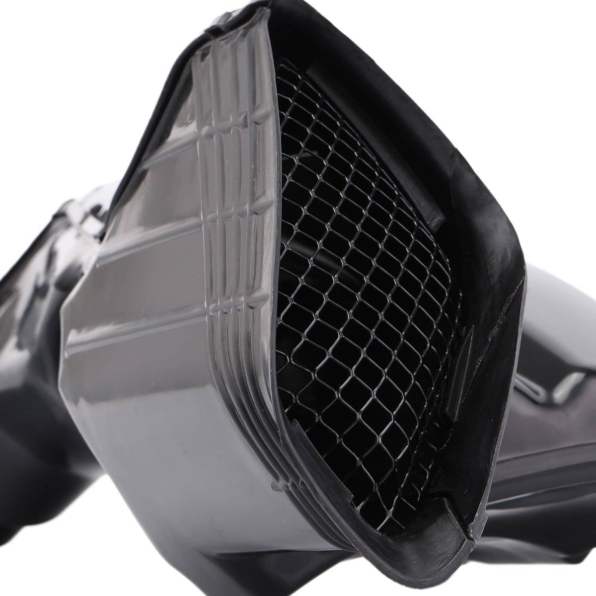 Close-up of black ram air intake duct cover with mesh grille and clear intake channel