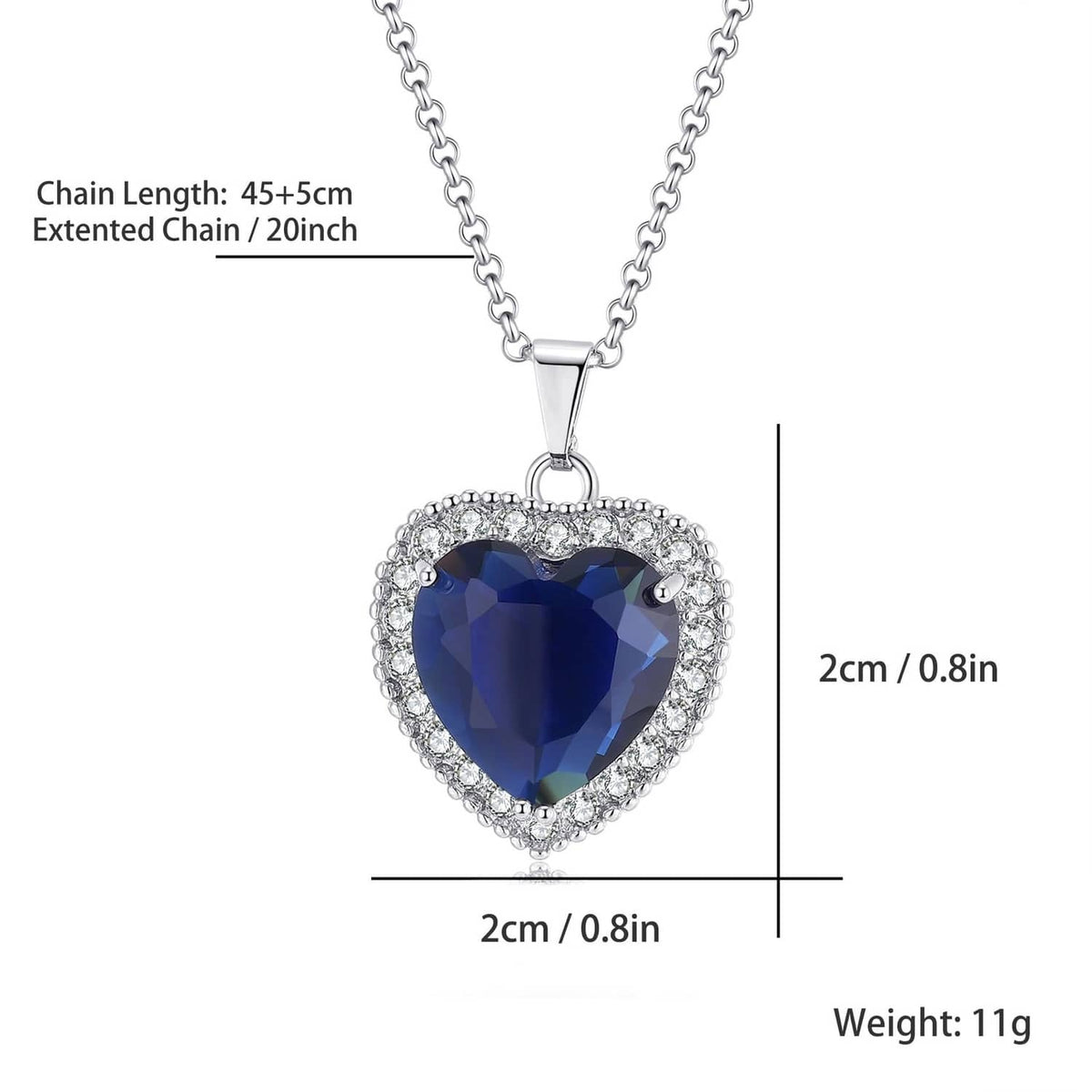 Silver heart pendant necklace with blue gemstone, dimensions and weight shown