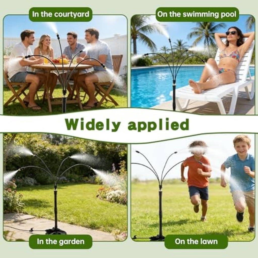 Black patio misting pole with multi-nozzle spray head used outdoors