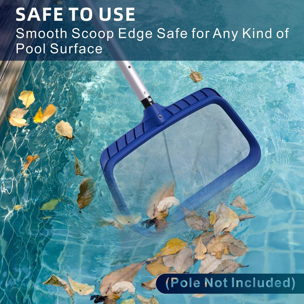 Pool skimmer net on silver pole with navy frame and gray mesh basket