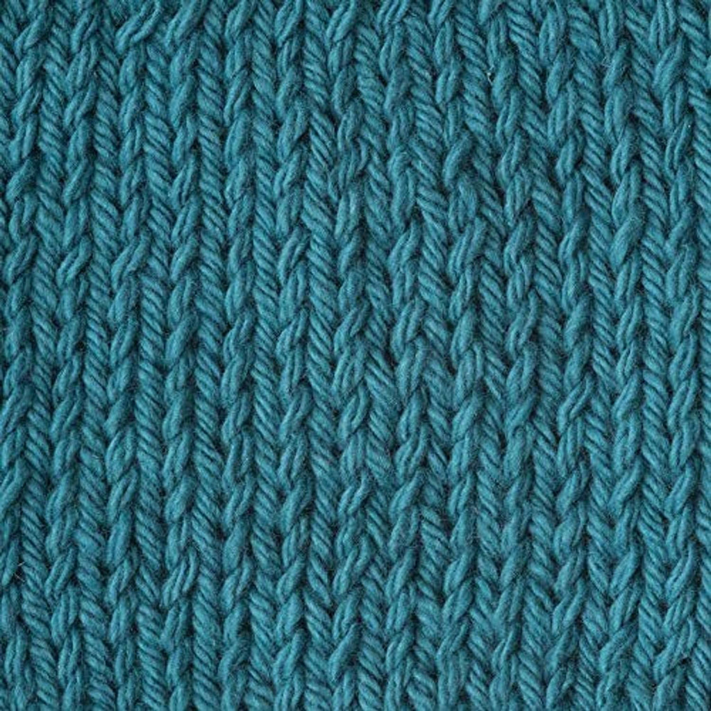 Teal-blue knitted swatch with vertical ribbed stitch pattern