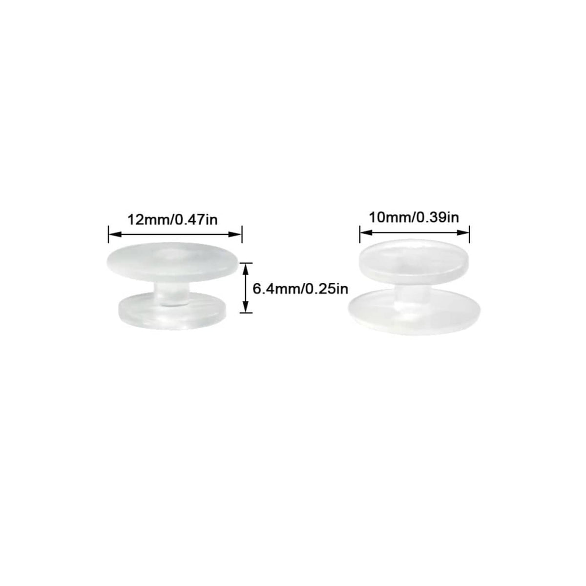 Clear round plastic shoe charm button backs with size diagram: 12mm and 10mm