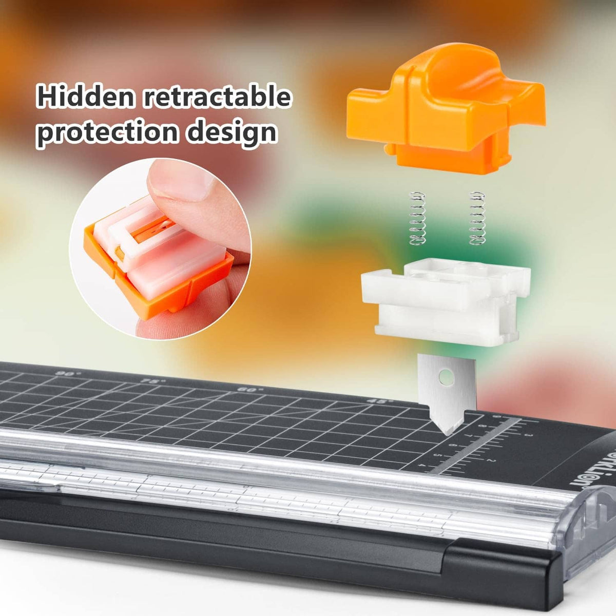 WorkLion portable paper trimmer with orange safety guard and black grid base