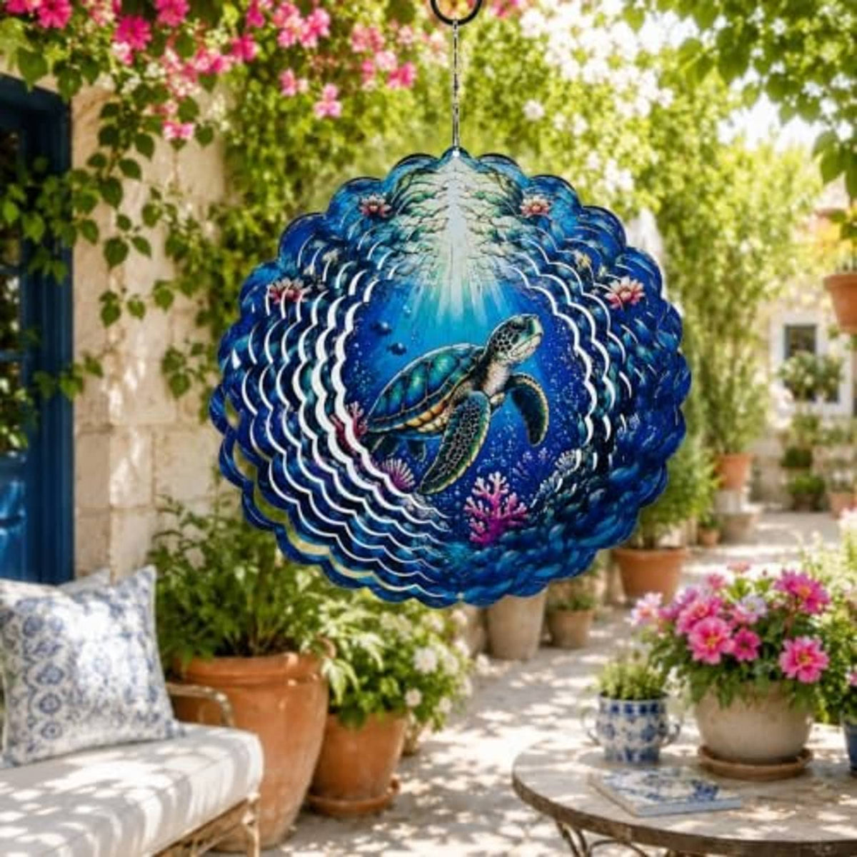 Blue sea turtle wind spinner hanging outdoors, layered 3D wave-like shell design