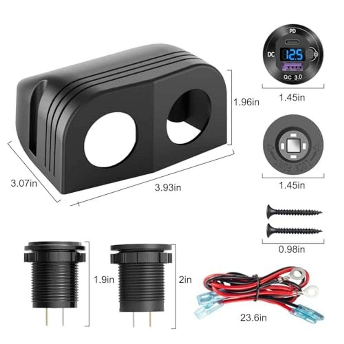 Black car USB charger body with DC/PD/QC ports, wiring leads, and mounting screws