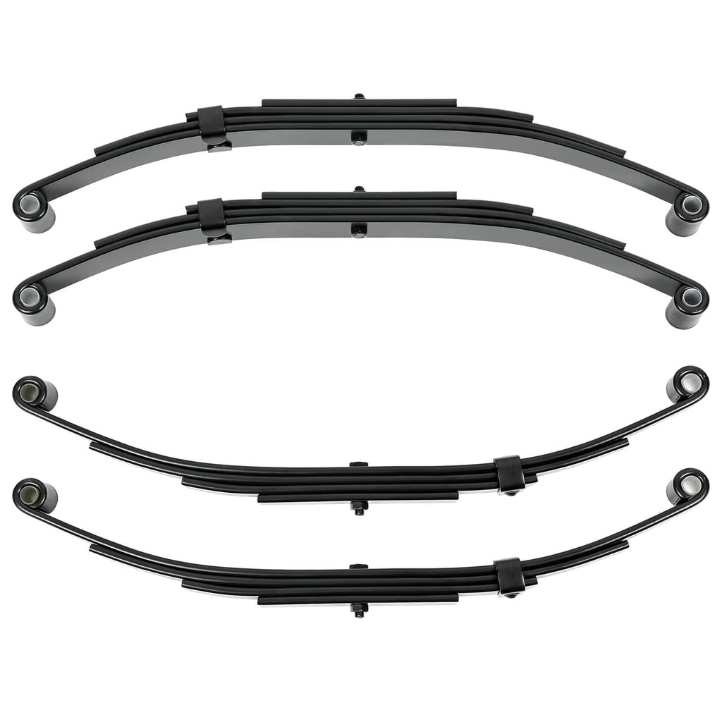 Curved black leaf springs bundle with mounting bushings and clips