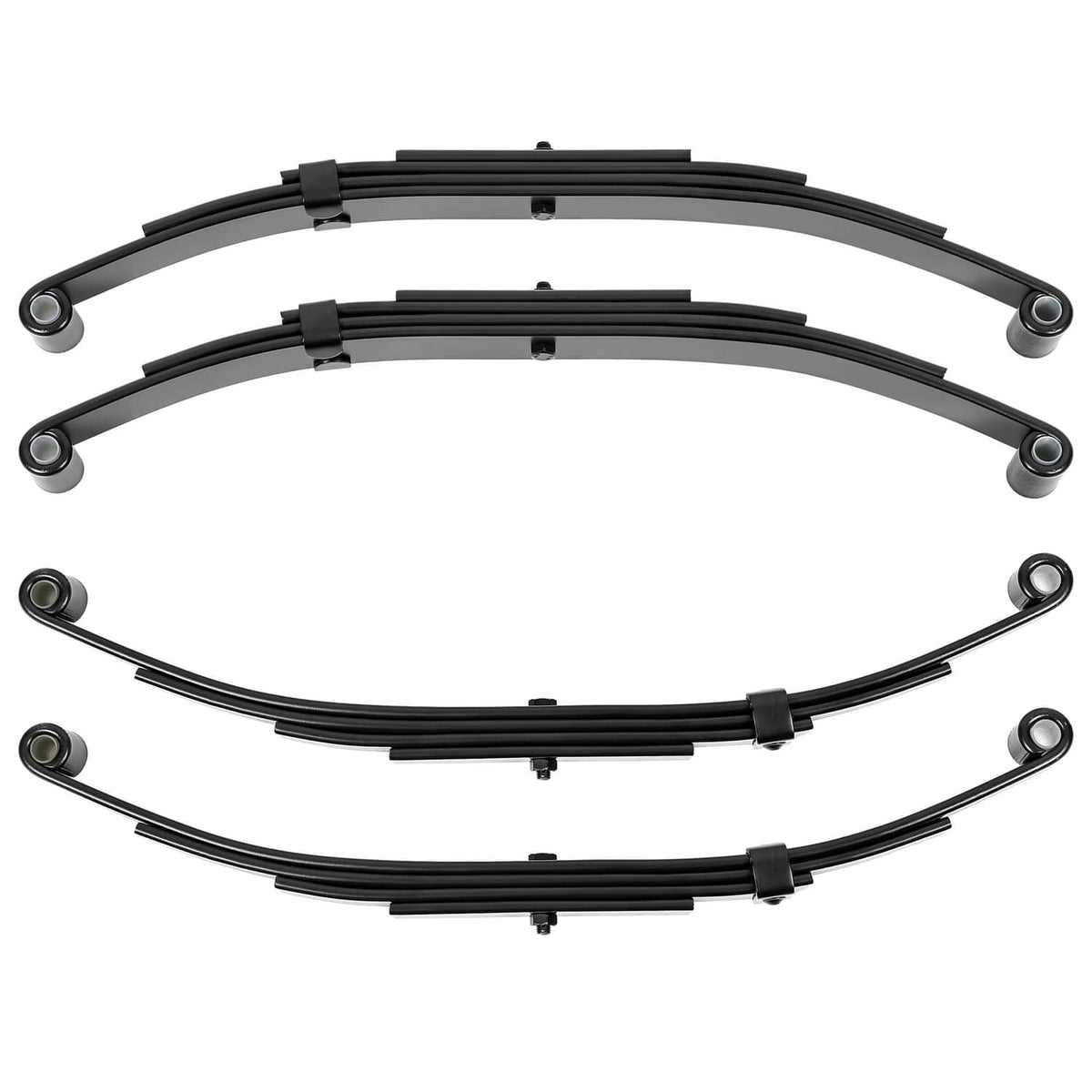 Curved black leaf springs bundle with mounting bushings and clips