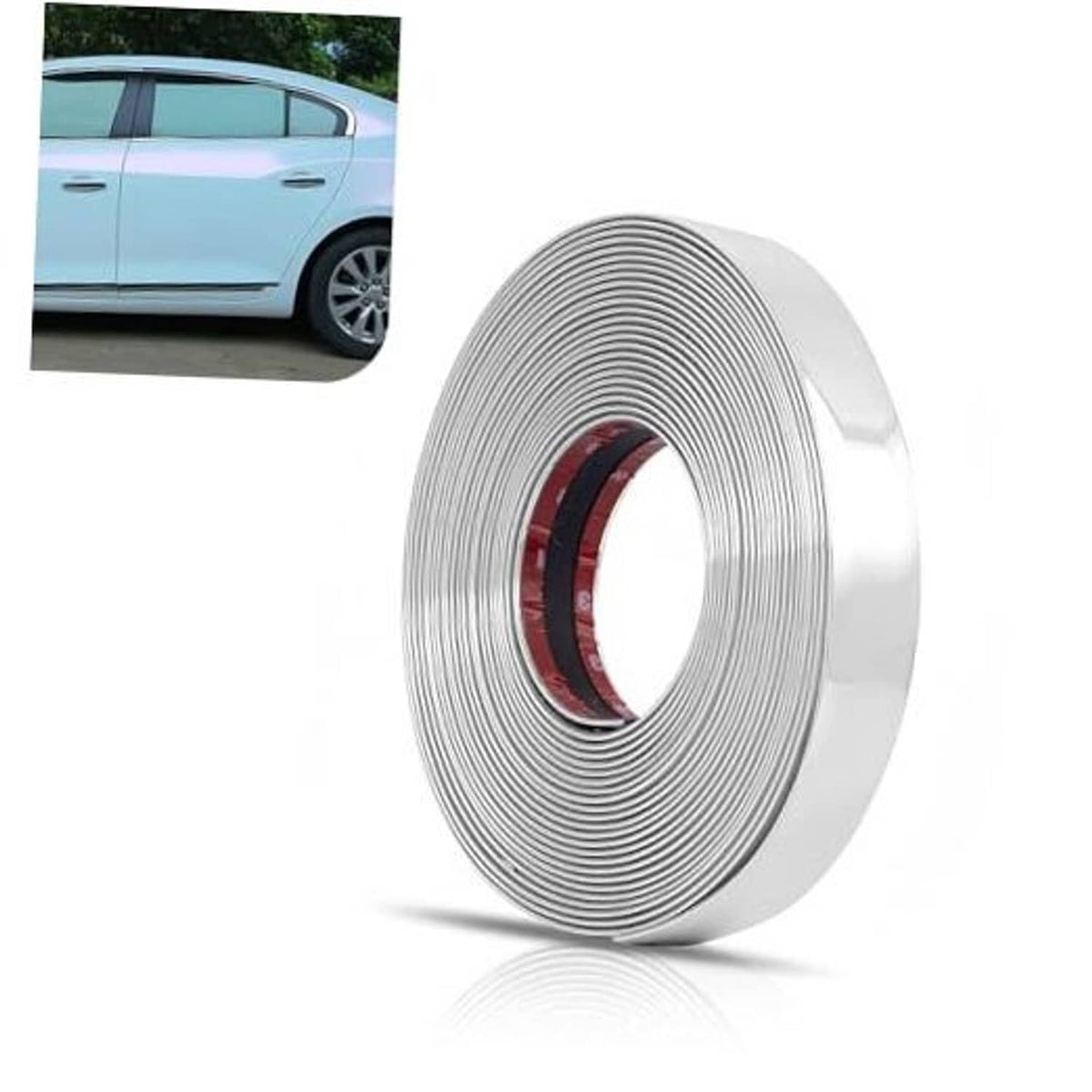 Chrome car side molding trim roll with ridged strip and red inner backing