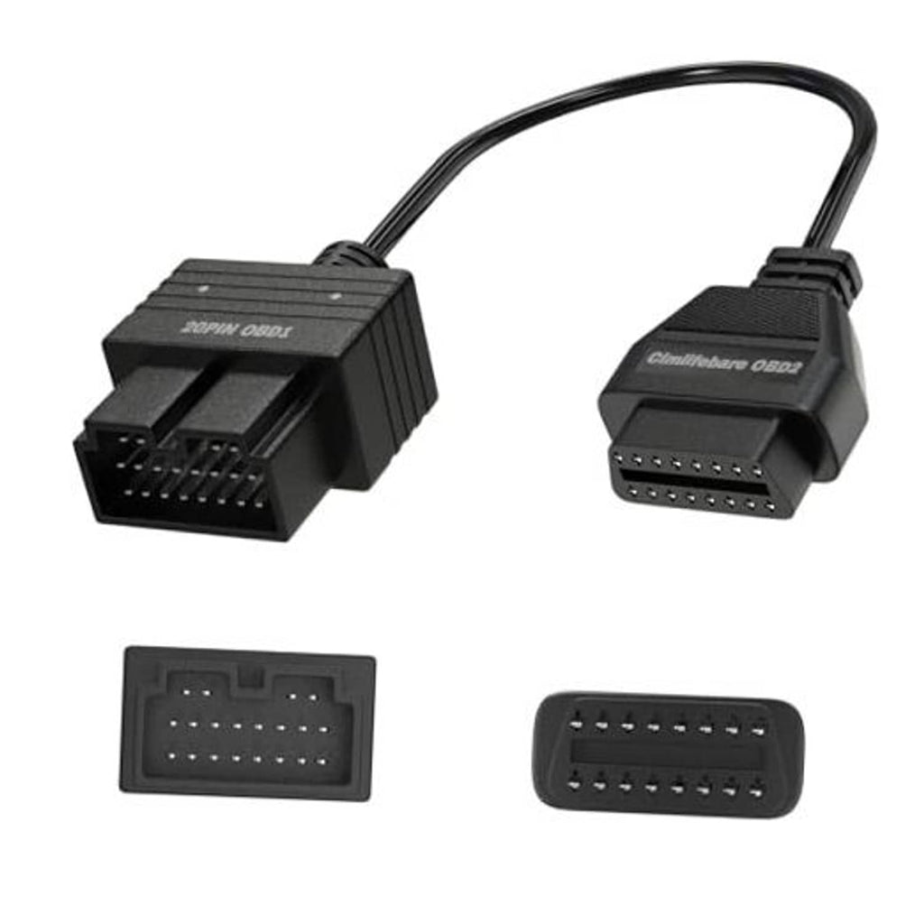 OBD1 to OBD2 adapter cable with 20-pin and 16-pin diagnostic plugs, black