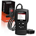 Black OBD2 diagnostic scanner with color screen, buttons, and OBD cable connector