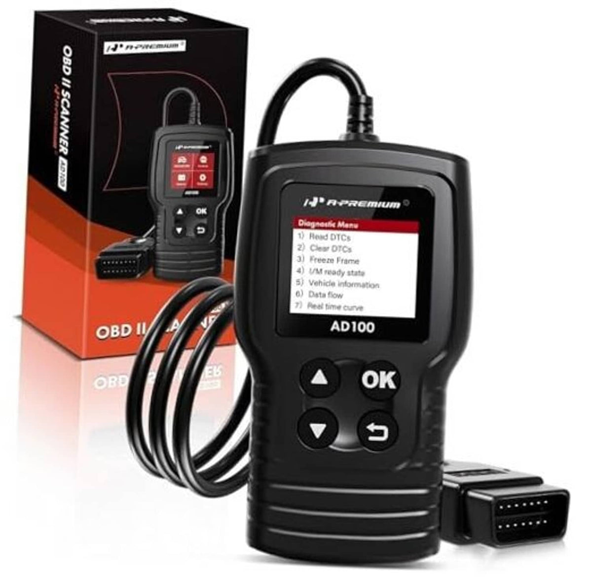 Black OBD2 diagnostic scanner with color screen, buttons, and OBD cable connector
