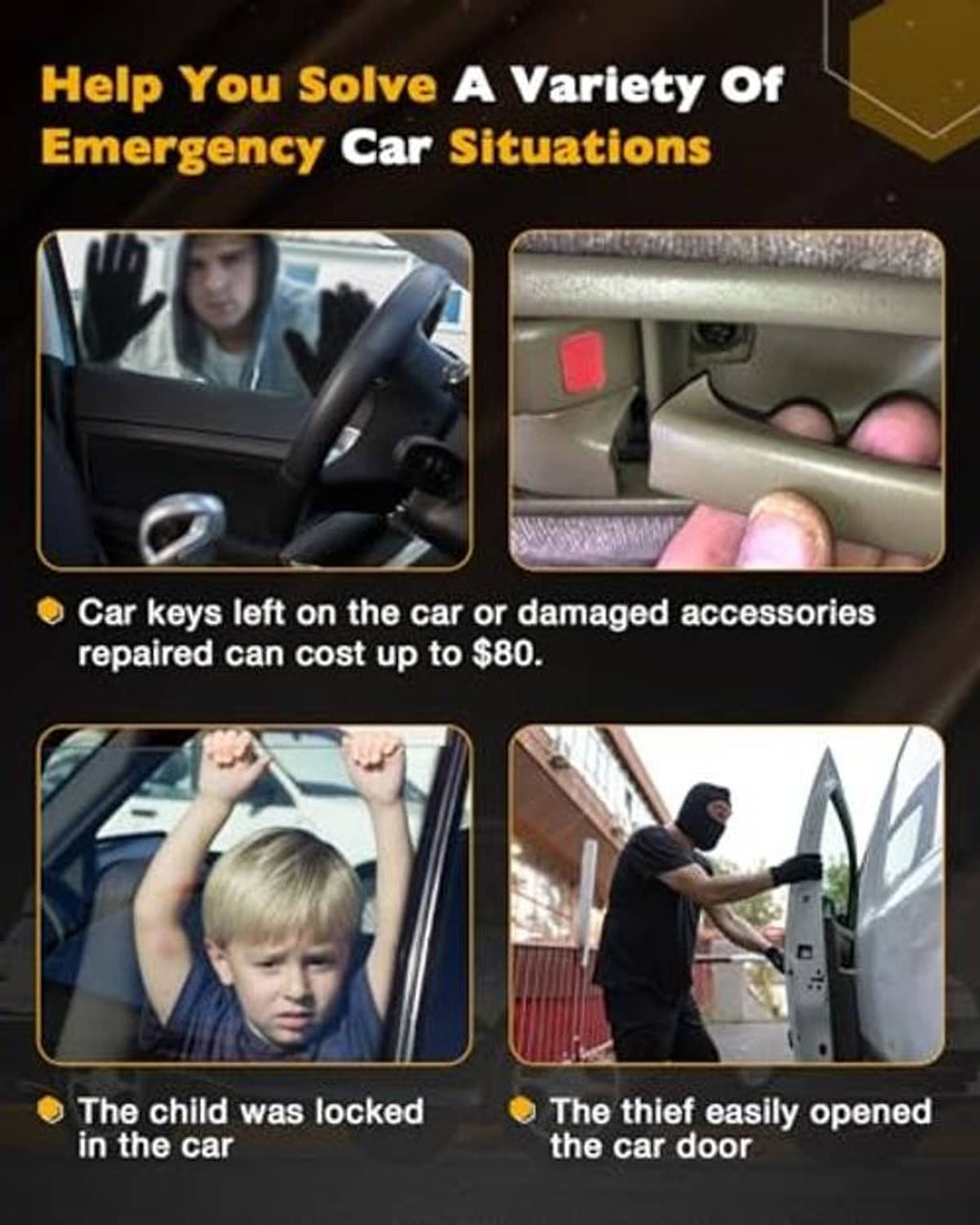 Promotional graphic showing car emergency access scenarios and door-side details