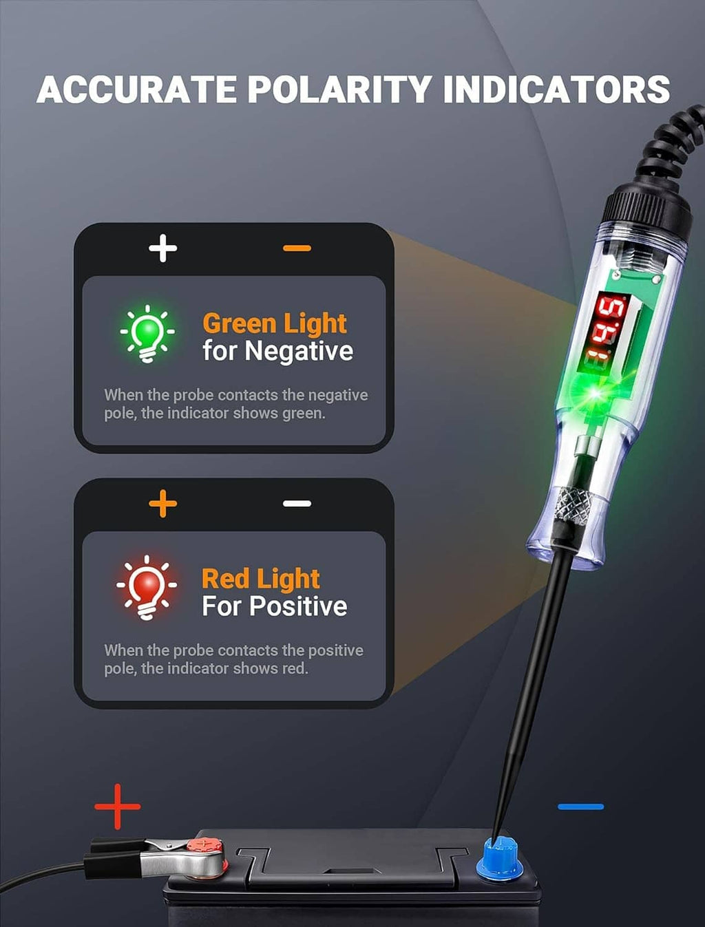 Automotive test light showing green and red polarity indicator lights with digital voltage display