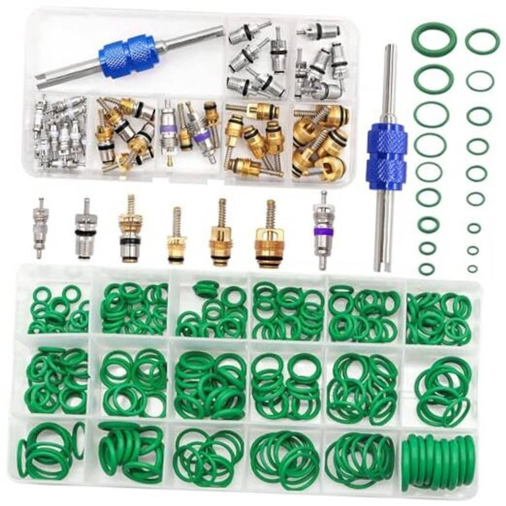 Car A/C O-ring seal kit with valve core tools and assorted O-rings in a case