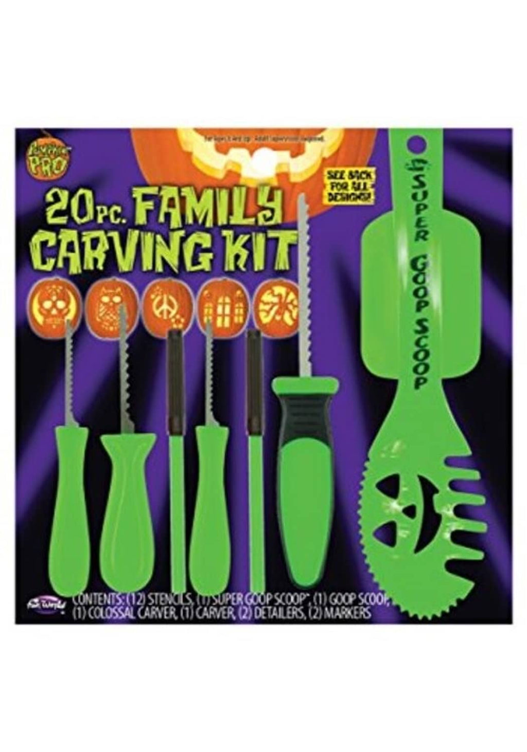 20-piece family pumpkin carving kit box with green tools and instruction text
