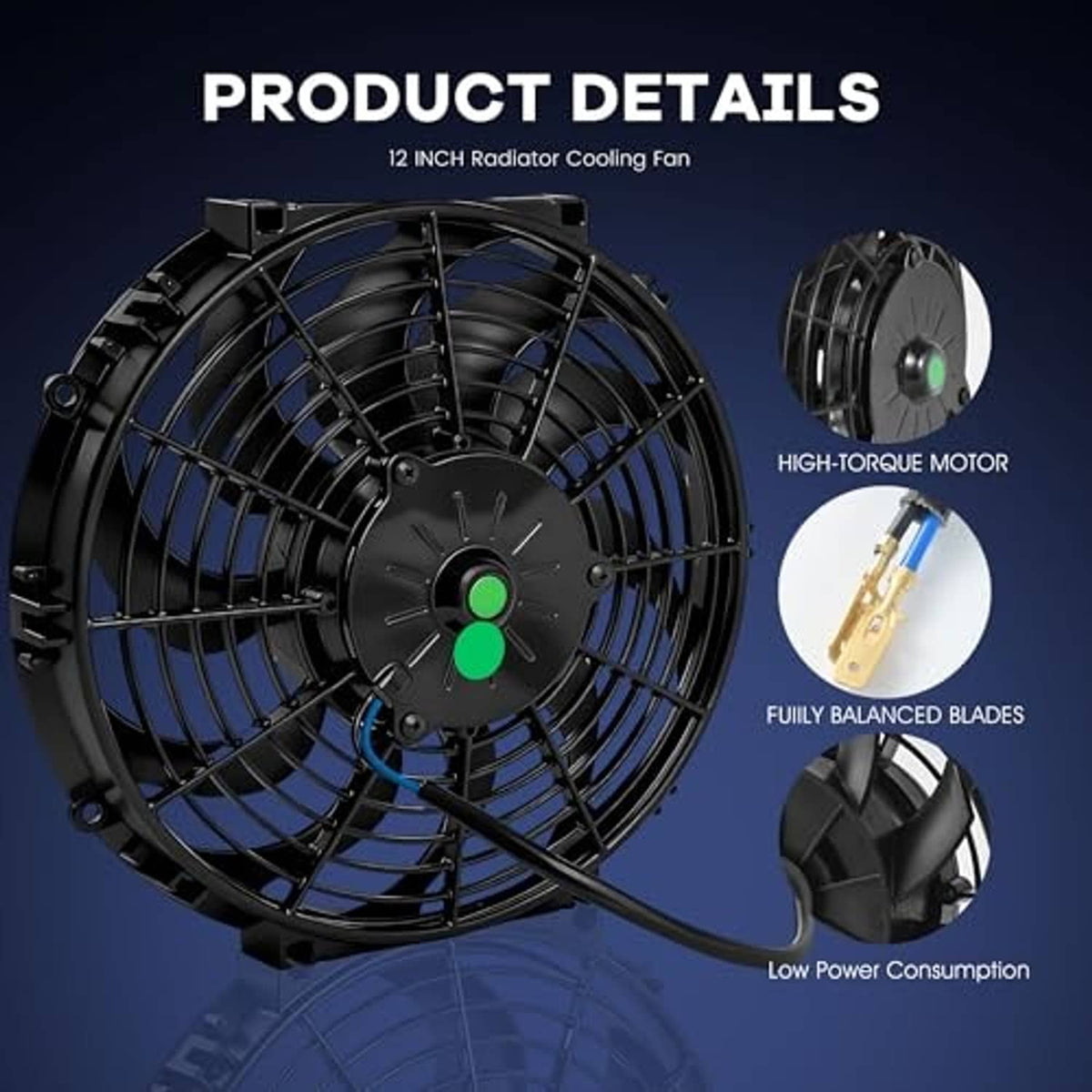 12-inch radiator cooling fan close-up with black blades and green center hub