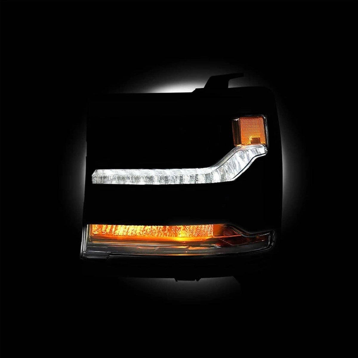 Headlight corner lamp with amber side marker and bright white beam in clear housing