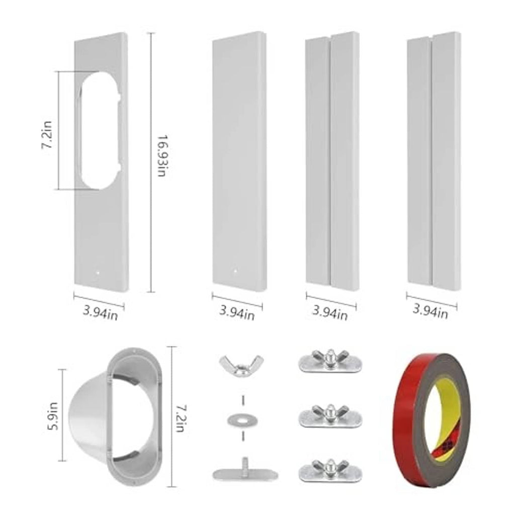 Window vent kit panels and components with size labels: white plates, hose adapter, screws