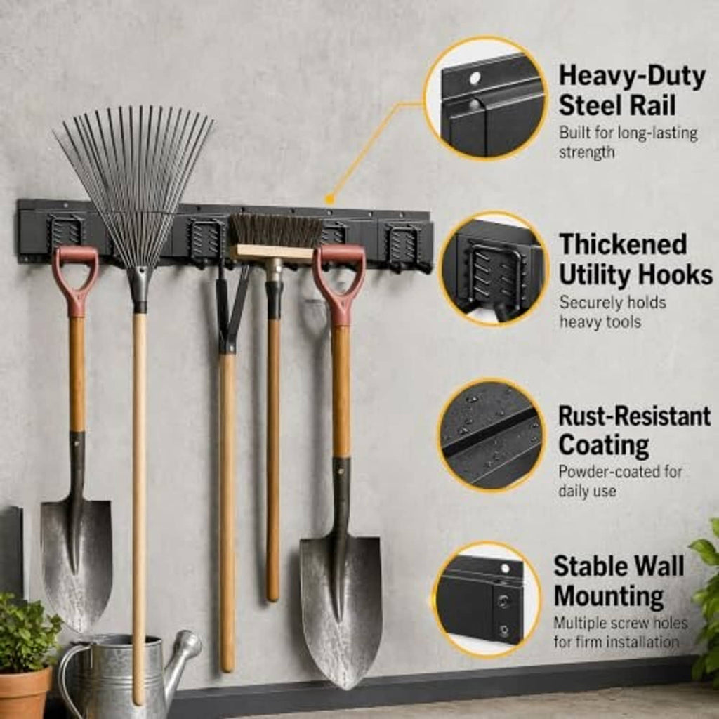 Black wall organizer rail with thick utility hooks for shovels and hand tools