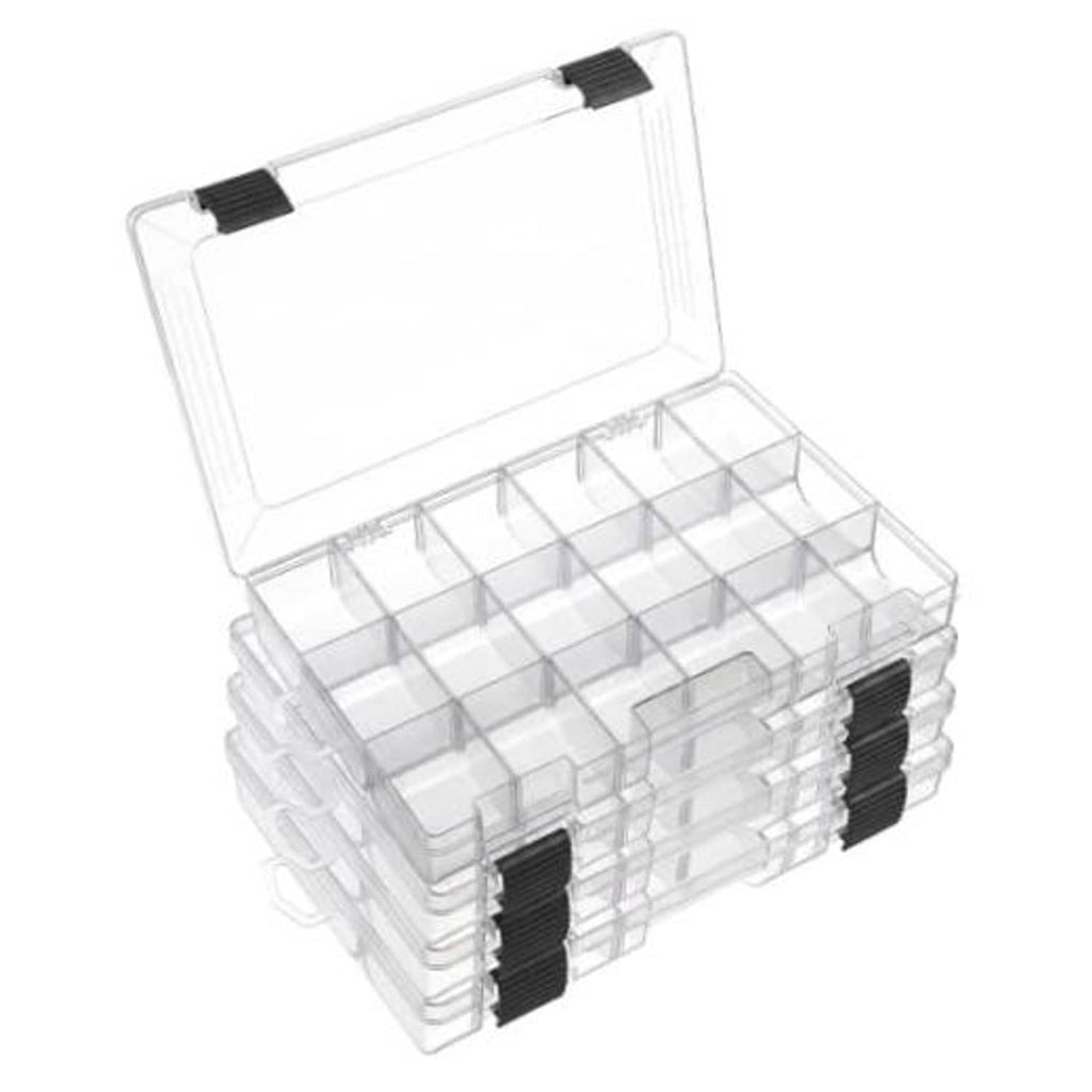 Clear tackle box with open lid and multiple adjustable storage compartments