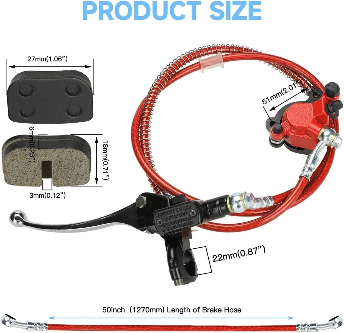 Hydraulic disc brake kit size diagram showing red caliper, hose, lever, and brake pads