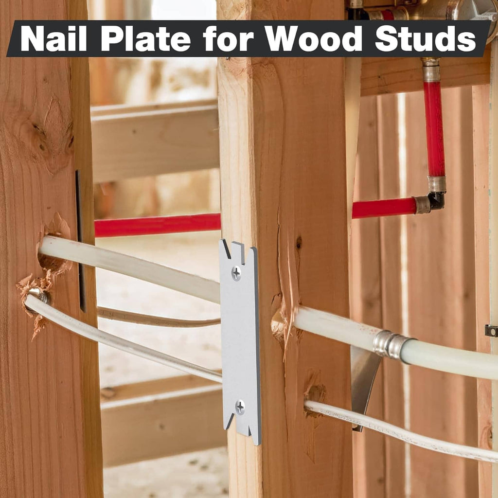 Nail stud guards fastened to wood studs with pointed prongs