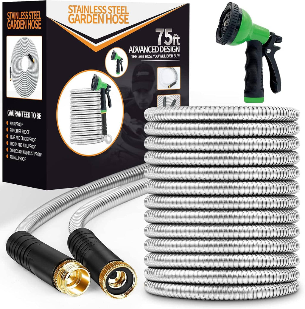 Coiled stainless steel garden hose with 10-function nozzle, green trigger, black grips