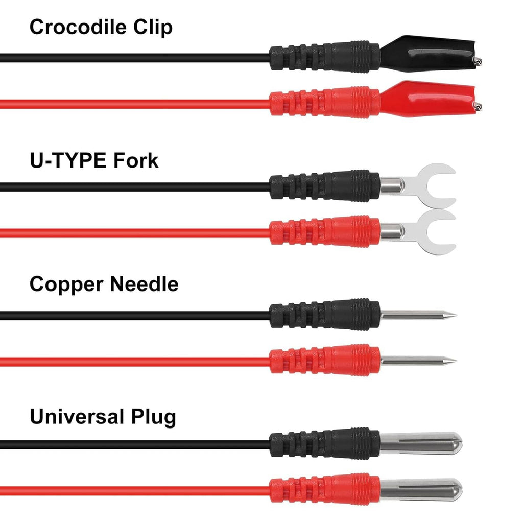 Probe tips set: crocodile clips, fork, needle, and universal plug for multimeters