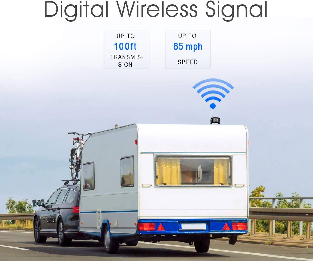 Wireless backup camera system monitor showing range and speed indicators with signal icon