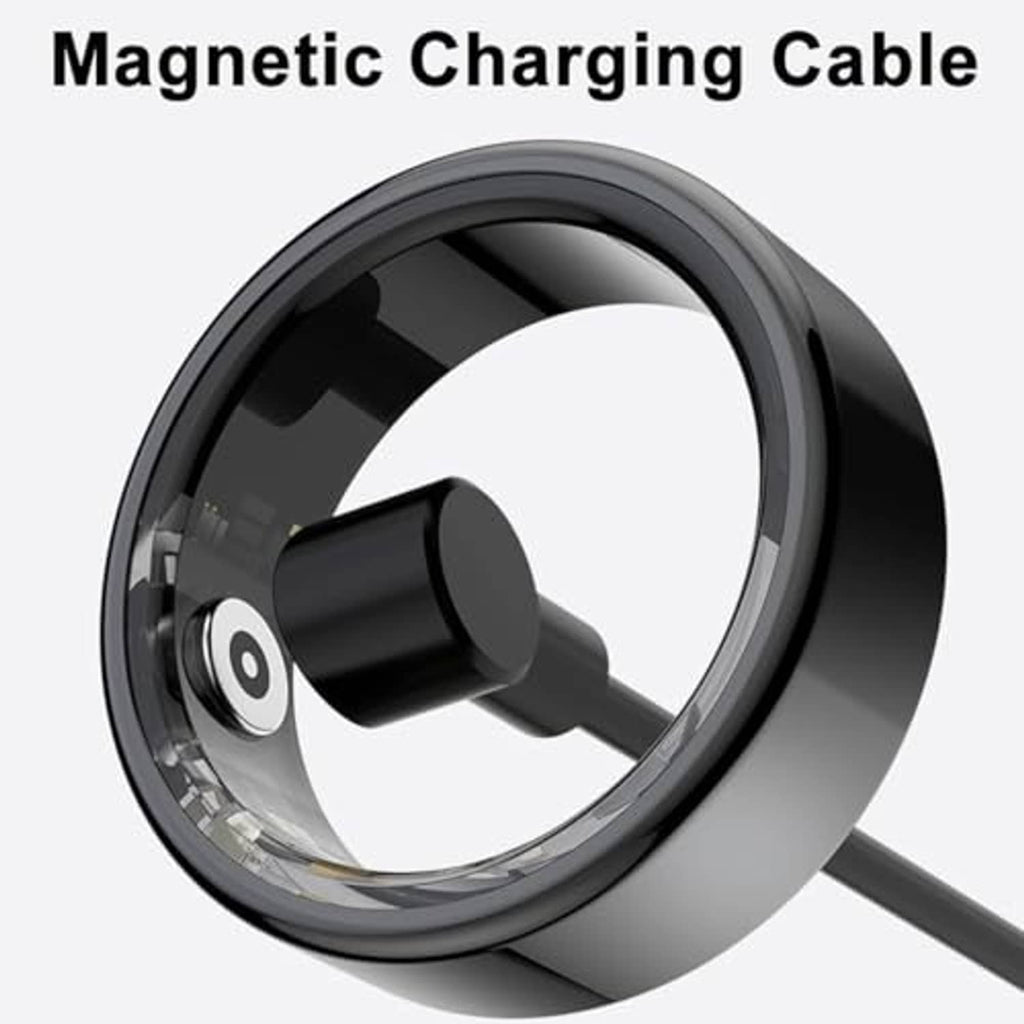Black magnetic charging cable with rounded connector cradle for smart ring