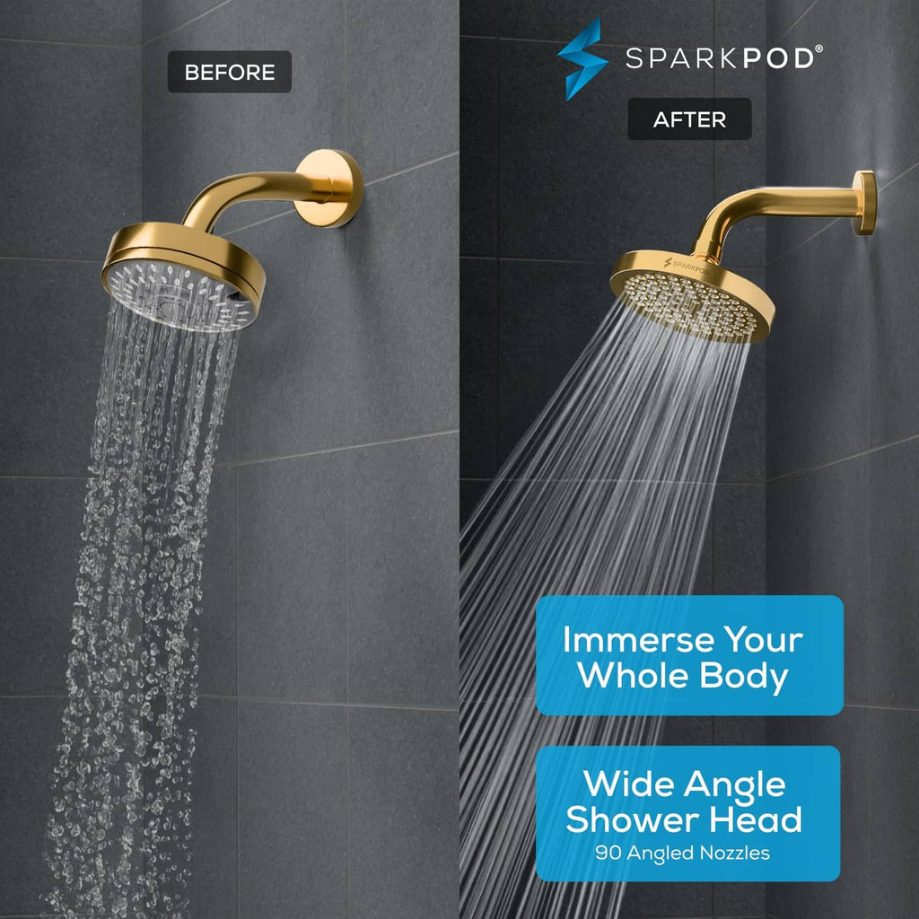 SparkPod 6-inch round rain shower head in Egyptian gold with wide spray water stream