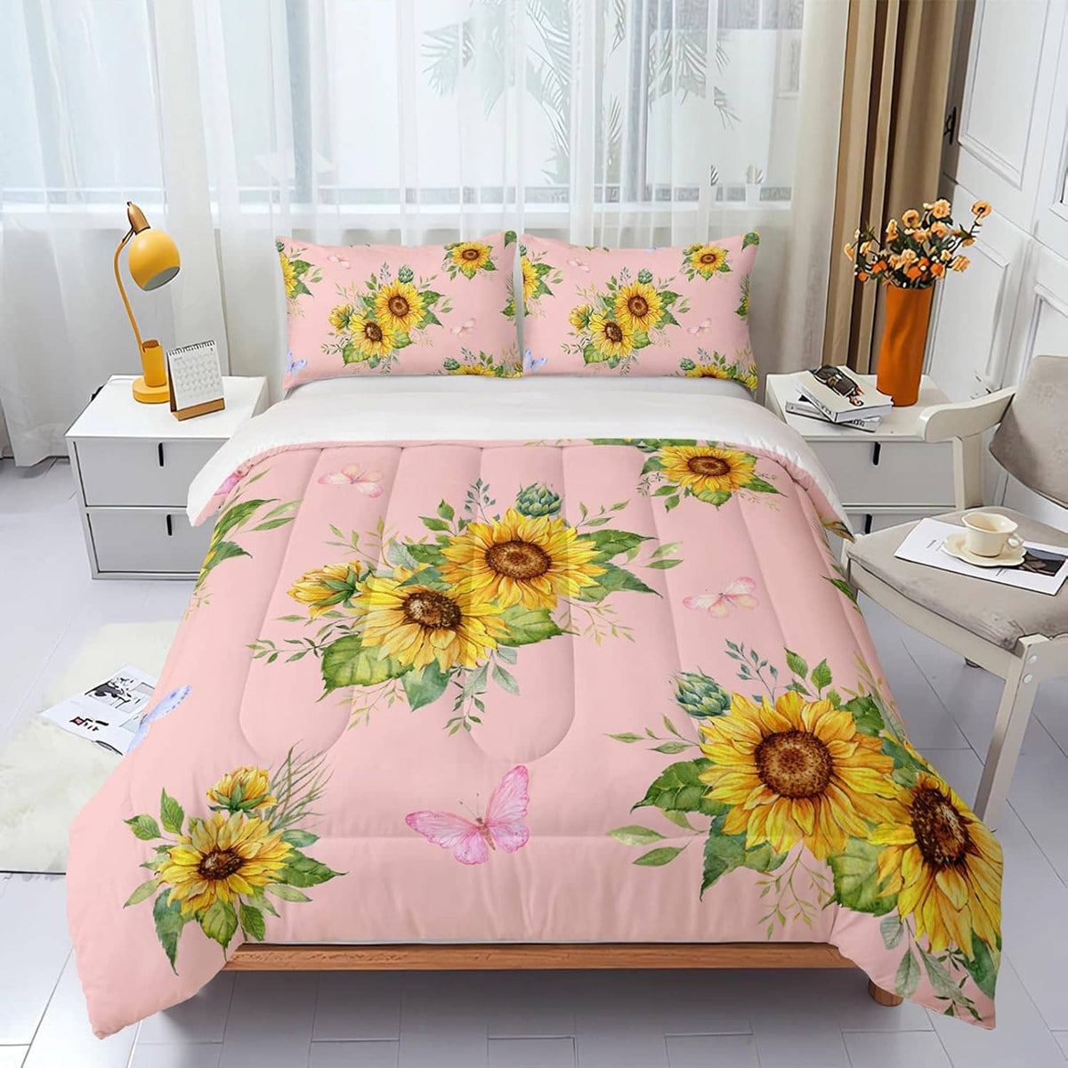 Pink sunflower comforter set with two floral pillow shams and butterfly accents