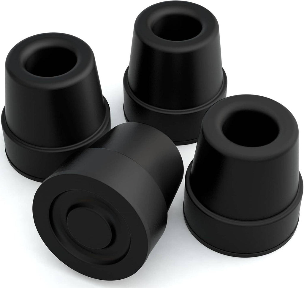 Black quad cane rubber tips, four-piece set; close-up of front cup and side sockets