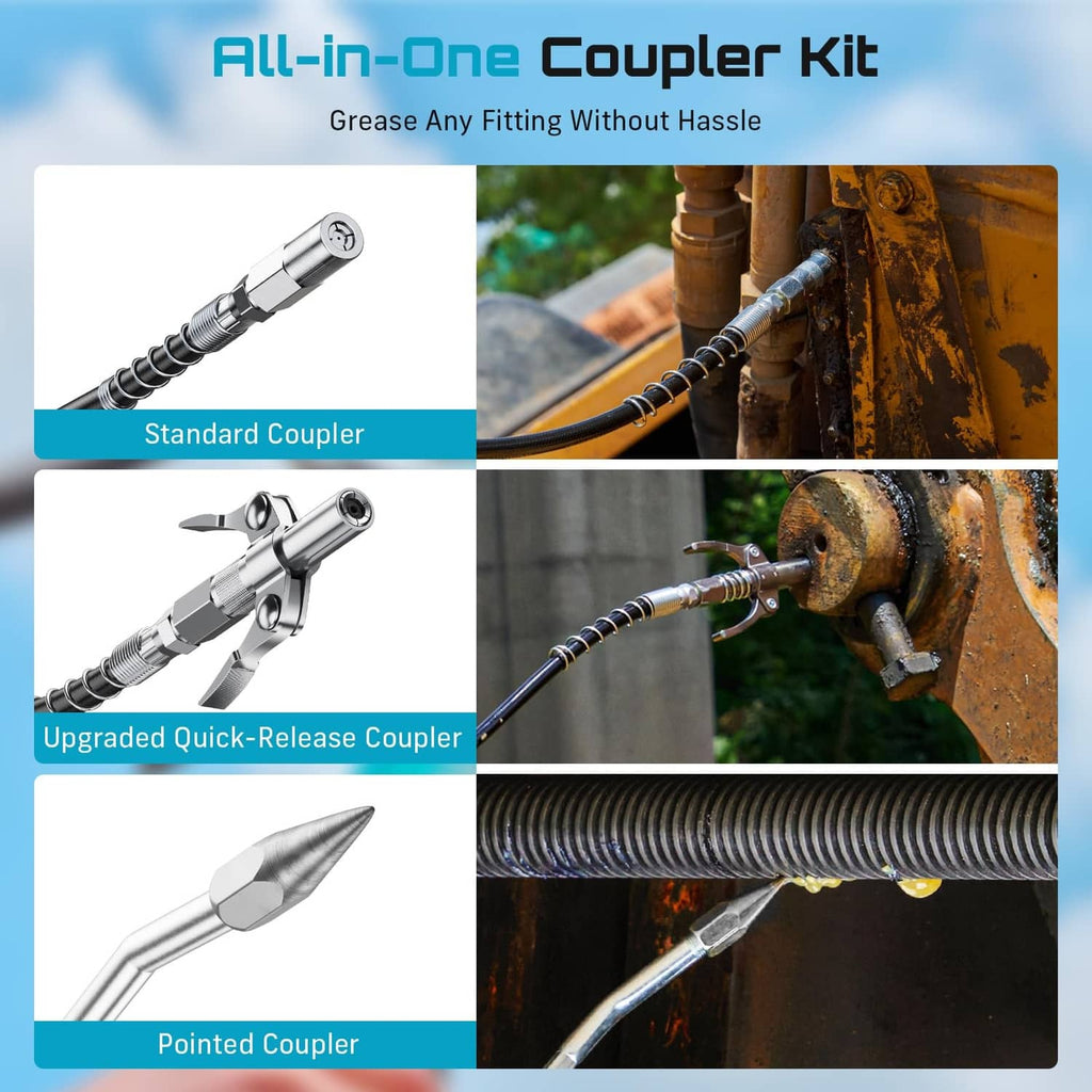 All-in-one grease coupler set with standard, quick-release, and pointed couplers