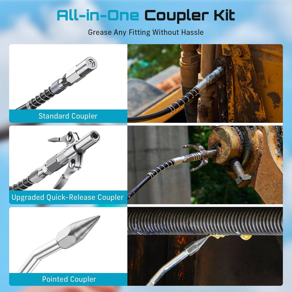 All-in-one grease coupler set with standard, quick-release, and pointed couplers