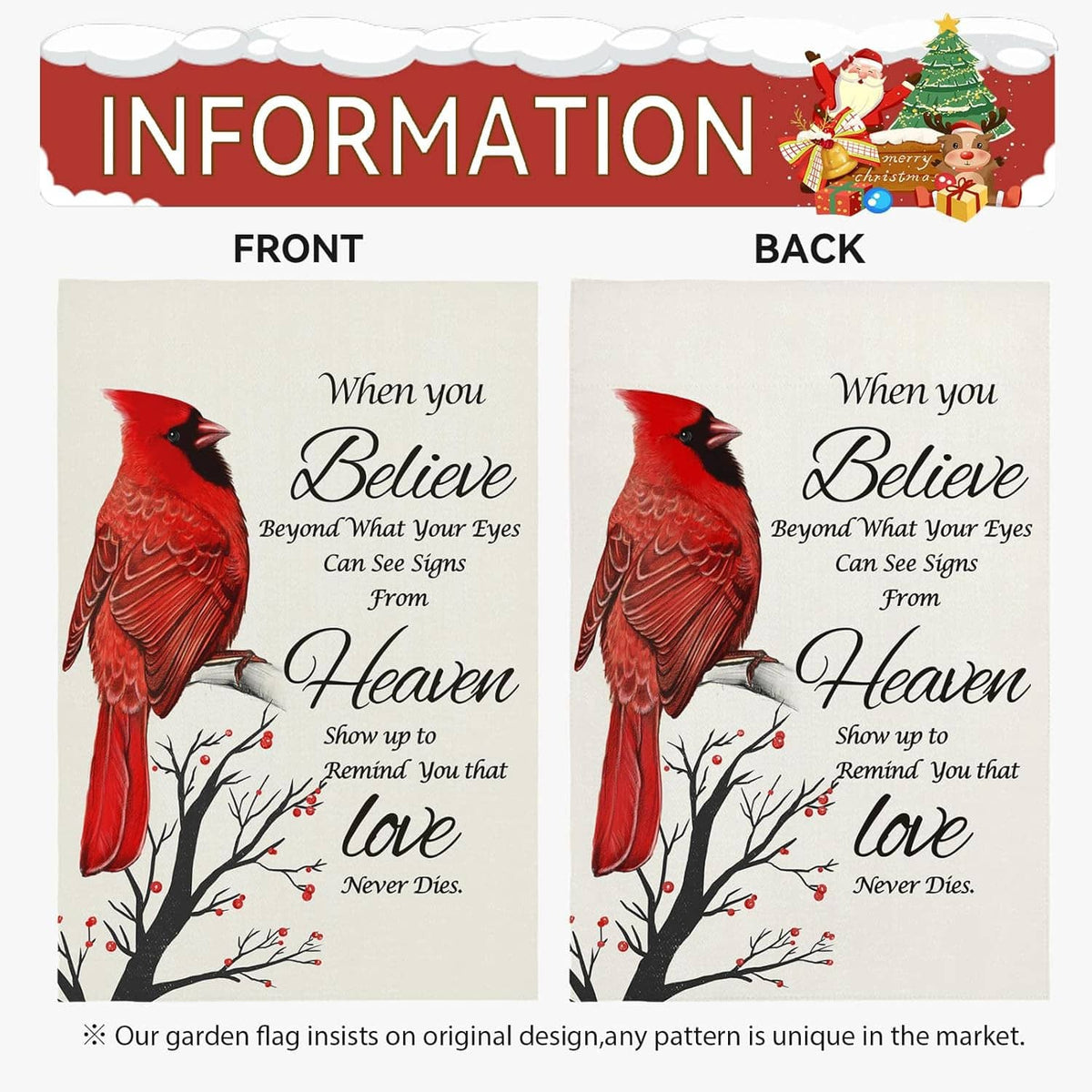 Double-sided garden flag: red cardinal with “Believe” text and winter tree artwork