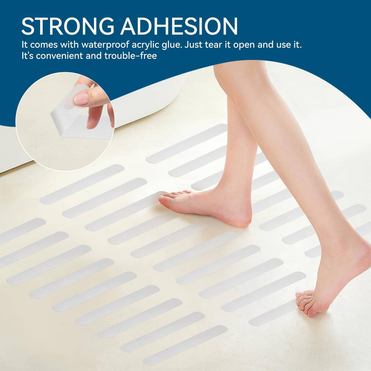 Transparent anti-slip shower strips applied to tub floor