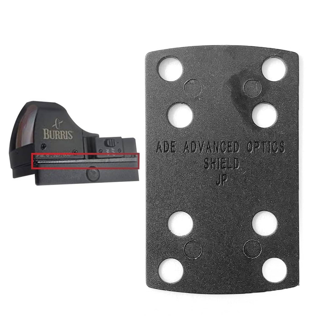 Dark gray optic shim plate with mounting holes, engraved ADE Advanced Optics