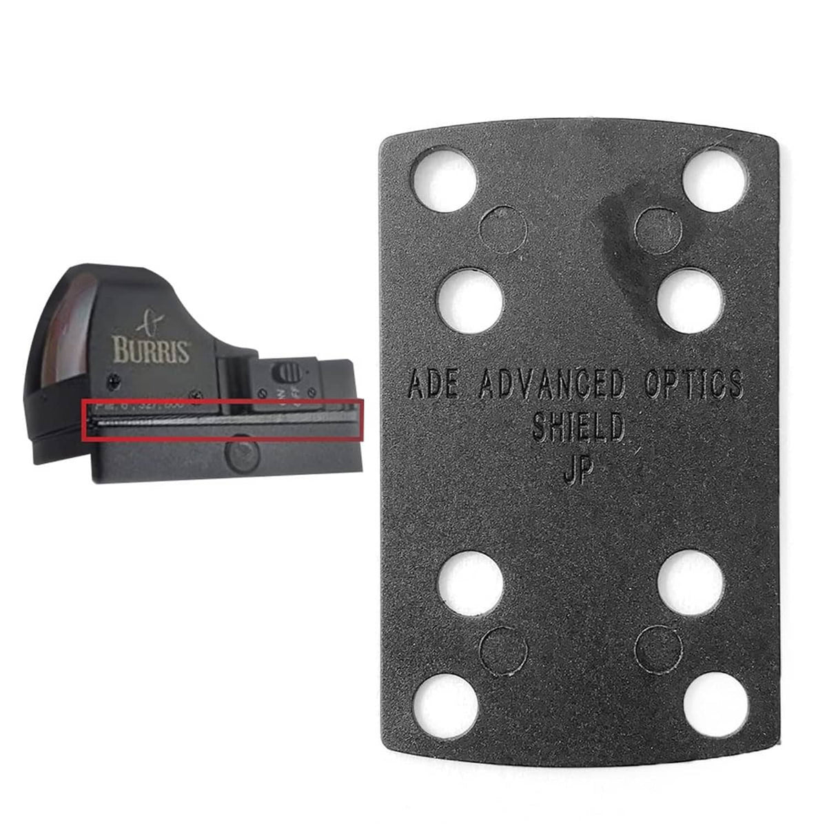 Dark gray optic shim plate with mounting holes, engraved ADE Advanced Optics