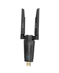USB WiFi adapter with two long antennas, compact black body.