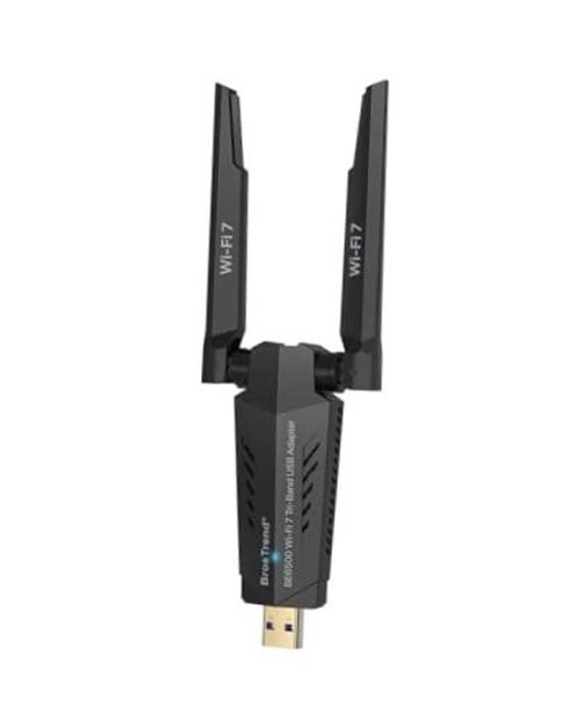 USB WiFi adapter with two long antennas, compact black body.
