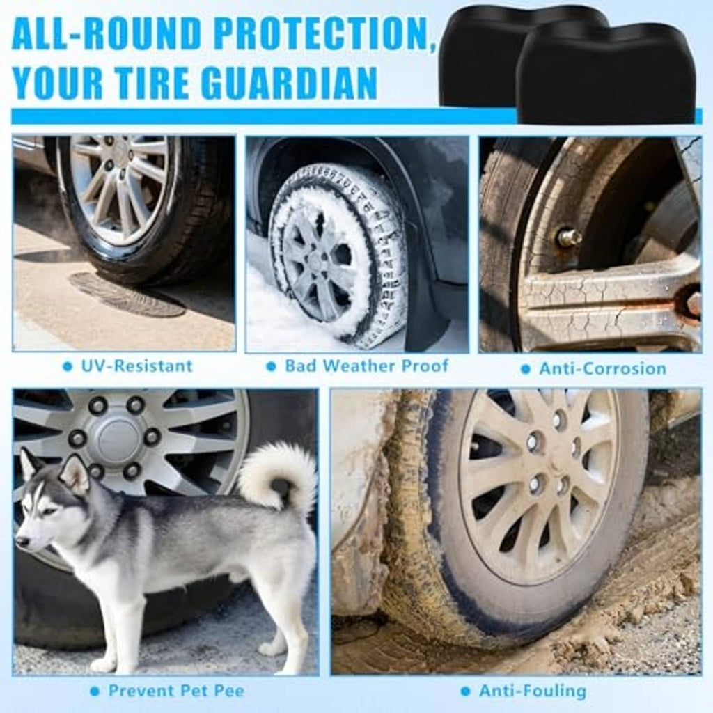 Black RV tire cover with wheel protection shown in multiple scenes