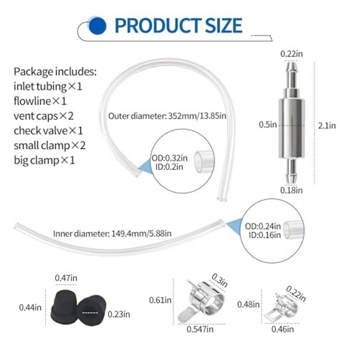 Brake bleeding hose kit components: clear tube, metal check valve, clamps, vent caps