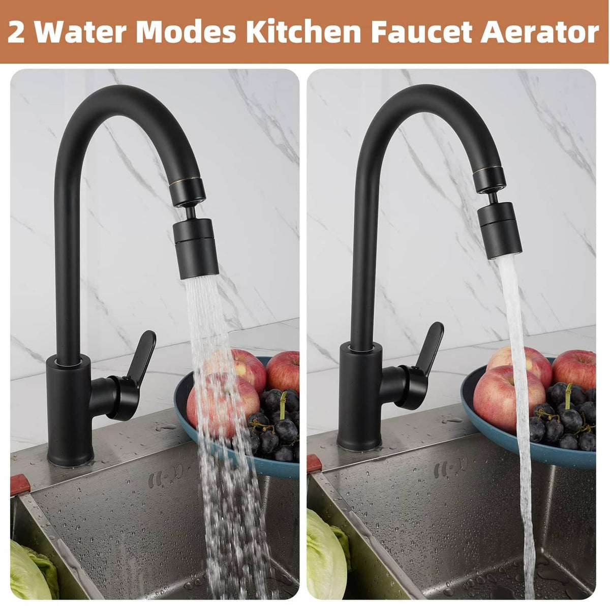 Matte black kitchen faucet aerator with continuous water flow