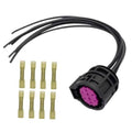 Headlight connector pigtail harness with black housing, purple socket, and 8 yellow terminals