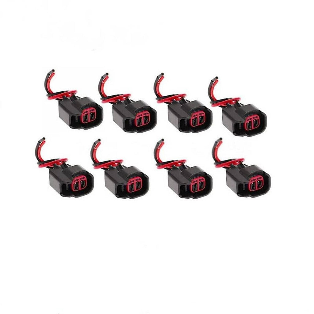 Fuel injector pigtail connector set, eight gray connectors with red wire leads